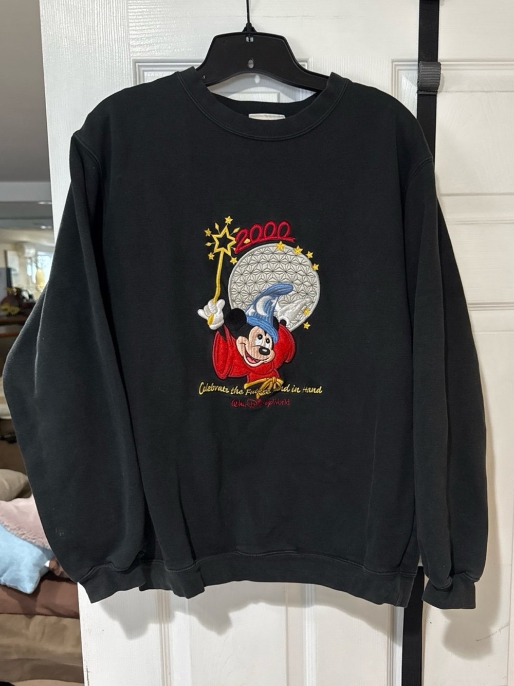 Disney Black Crewneck Sweater with Red, Yellow and Blue Embroidered Mickey